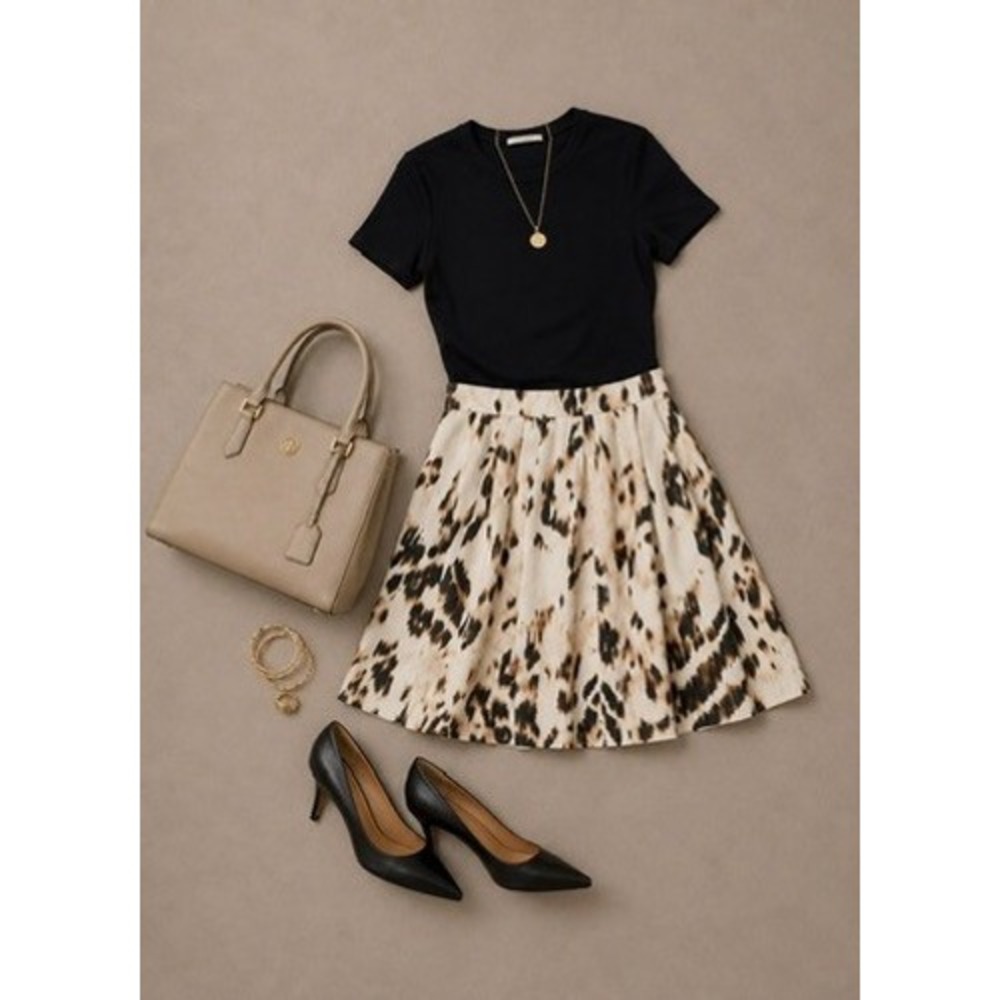 Elie Tahari Abstract Animal Print Pleated A-Line Skirt with Pockets Cream Size 0